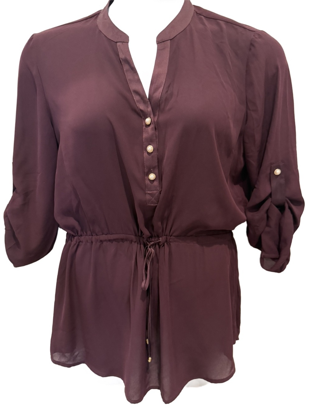 Ivanka Trump Plum Drawstring Button-Front Blouse. Large